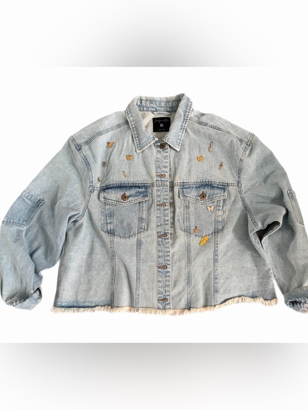 Light Wash Denim Jacket with Gold Accent Embellishments